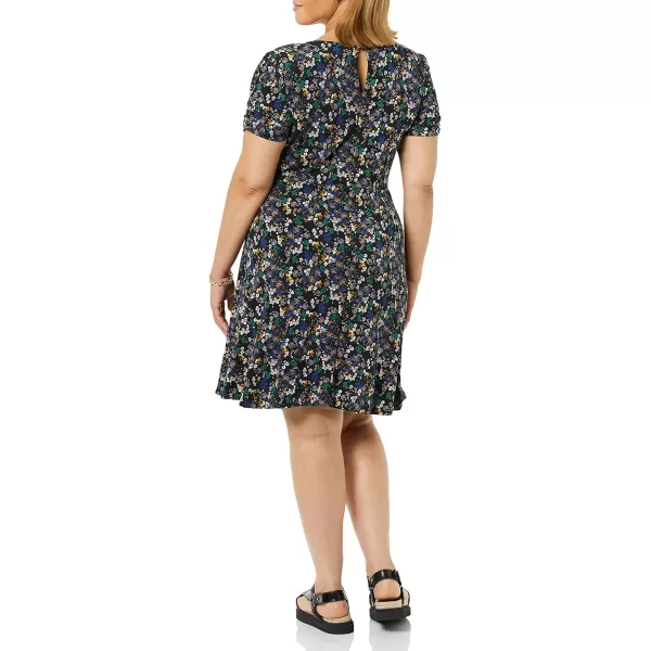 Amazon Essentials Womens Gathered Short Sleeve Crew Neck Aline Dress Available in Plus SizeBlack Ditsy Floral