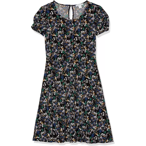 Amazon Essentials Womens Gathered Short Sleeve Crew Neck Aline Dress Available in Plus SizeBlack Ditsy Floral