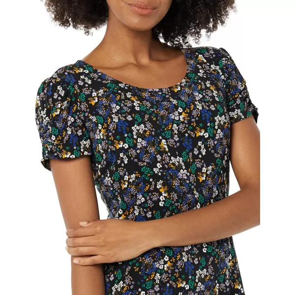 Amazon Essentials Womens Gathered Short Sleeve Crew Neck Aline Dress Available in Plus SizeBlack Ditsy Floral