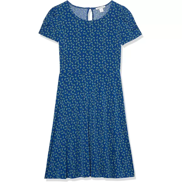 Amazon Essentials Womens Gathered Short Sleeve Crew Neck Aline Dress Available in Plus SizeBright Blue Floral