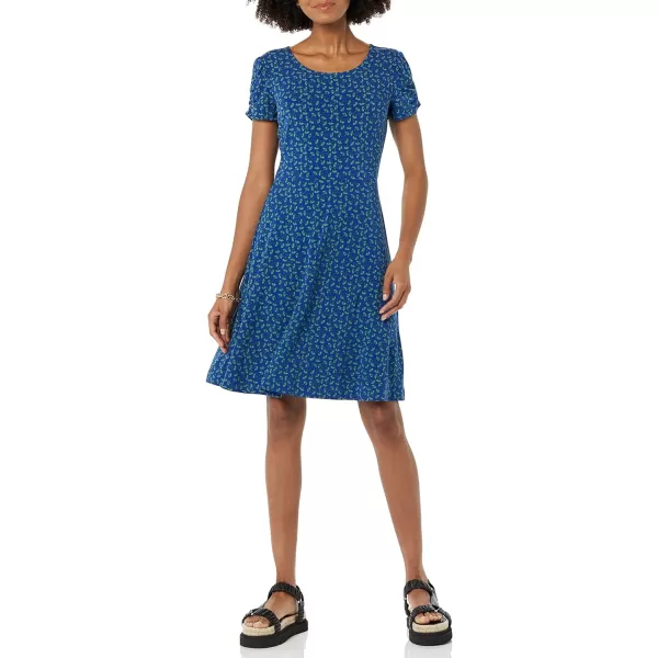 Amazon Essentials Womens Gathered Short Sleeve Crew Neck Aline Dress Available in Plus SizeBright Blue Floral