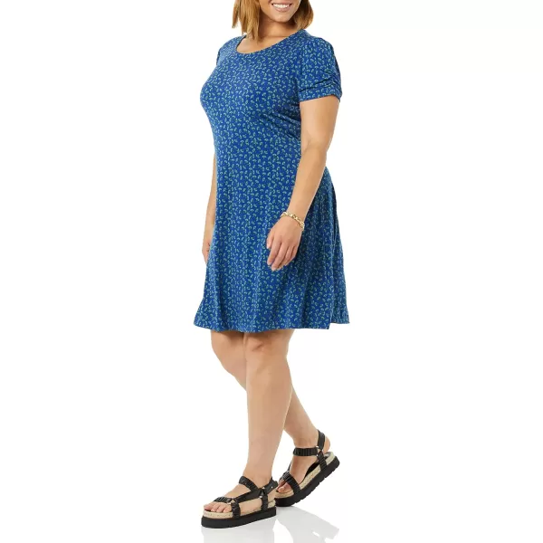 Amazon Essentials Womens Gathered Short Sleeve Crew Neck Aline Dress Available in Plus SizeBright Blue Floral