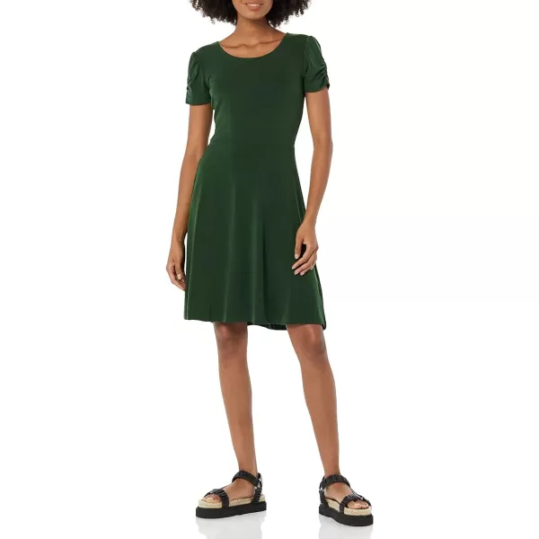 Amazon Essentials Womens Gathered Short Sleeve Crew Neck Aline Dress Available in Plus SizeDark Green