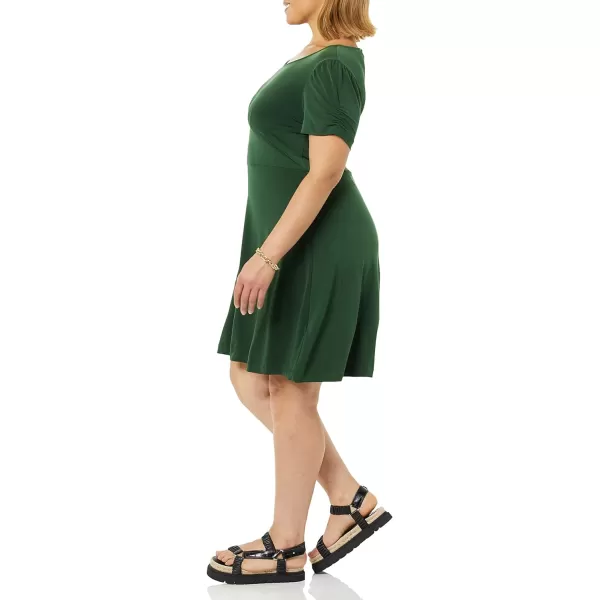 Amazon Essentials Womens Gathered Short Sleeve Crew Neck Aline Dress Available in Plus SizeDark Green