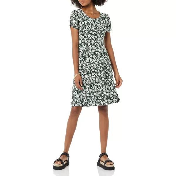 Amazon Essentials Womens Gathered Short Sleeve Crew Neck Aline Dress Available in Plus SizeDark Green Floral