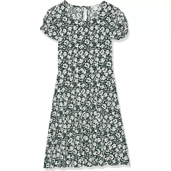 Amazon Essentials Womens Gathered Short Sleeve Crew Neck Aline Dress Available in Plus SizeDark Green Floral