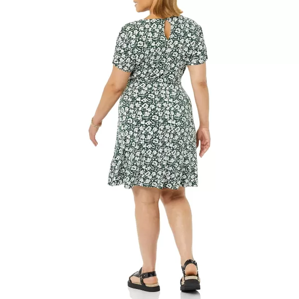 Amazon Essentials Womens Gathered Short Sleeve Crew Neck Aline Dress Available in Plus SizeDark Green Floral