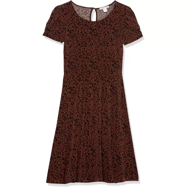 Amazon Essentials Womens Gathered Short Sleeve Crew Neck Aline Dress Available in Plus SizeDark Toffee Brown Cheetah