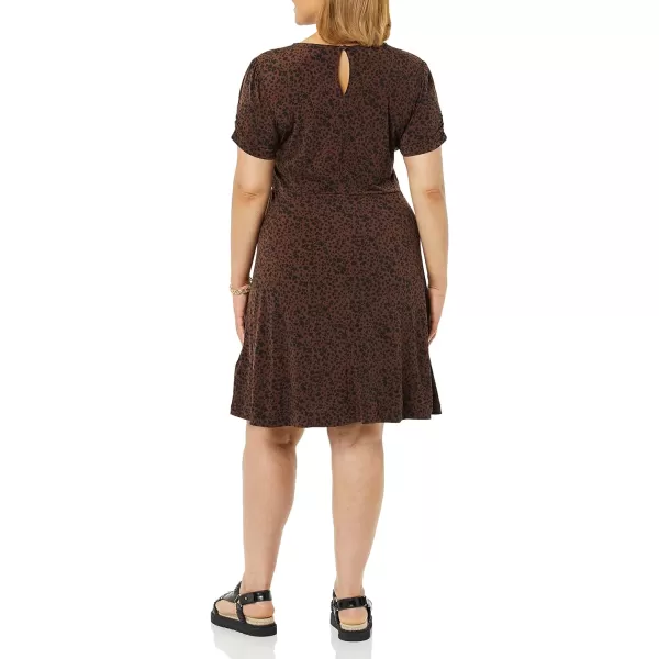 Amazon Essentials Womens Gathered Short Sleeve Crew Neck Aline Dress Available in Plus SizeDark Toffee Brown Cheetah