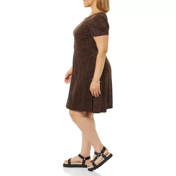 Amazon Essentials Womens Gathered Short Sleeve Crew Neck Aline Dress Available in Plus SizeDark Toffee Brown Cheetah