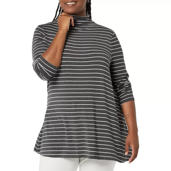 Amazon Essentials Womens Jersey LongSleeve Mock Neck Swing Tunic Previously Daily RitualCharcoal HeatherWhite Stripe