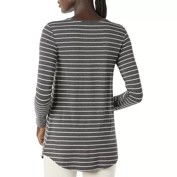 Amazon Essentials Womens Jersey RelaxedFit LongSleeve Scoopneck Swing Tunic Previously Daily RitualRayon Blend Charcoal Heather White Stripe