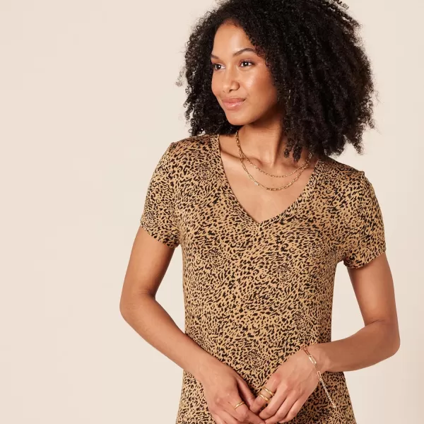 Amazon Essentials Womens Jersey VNeck Short Sleeve Midi Length DressDark Camel Animal Print