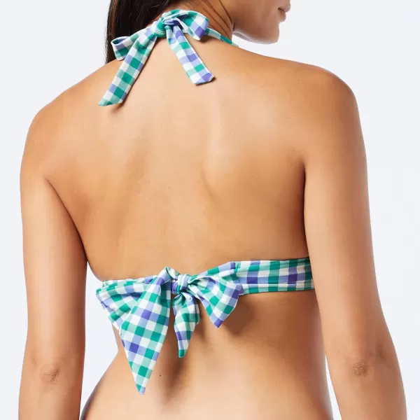 Amazon Essentials Womens LightSupport Tie Halter Bikini Swimsuit Top Available in Plus SizeBlueGreen Gingham