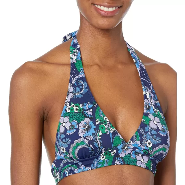 Amazon Essentials Womens LightSupport Tie Halter Bikini Swimsuit Top Available in Plus SizeDeep Blue Paisley