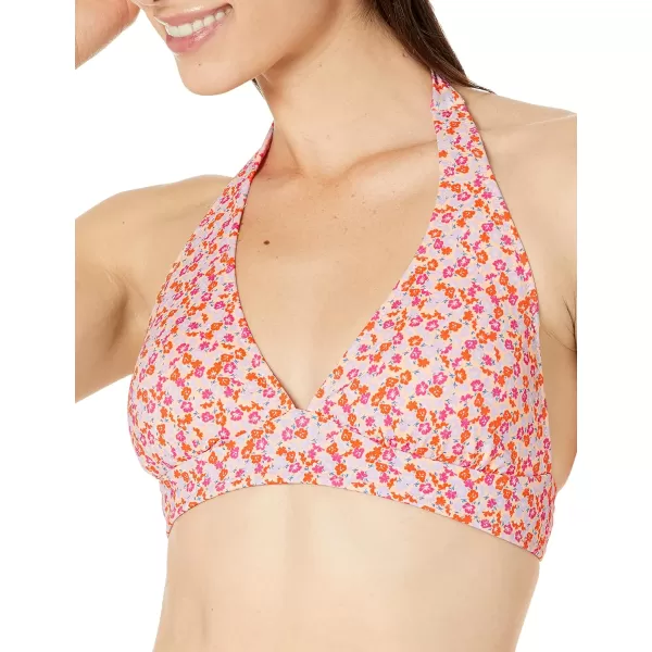 Amazon Essentials Womens LightSupport Tie Halter Bikini Swimsuit Top Available in Plus SizeGrey Pale Peach Micro Floral