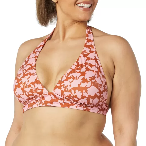 Amazon Essentials Womens LightSupport Tie Halter Bikini Swimsuit Top Available in Plus SizeOrange Pink Floral Print