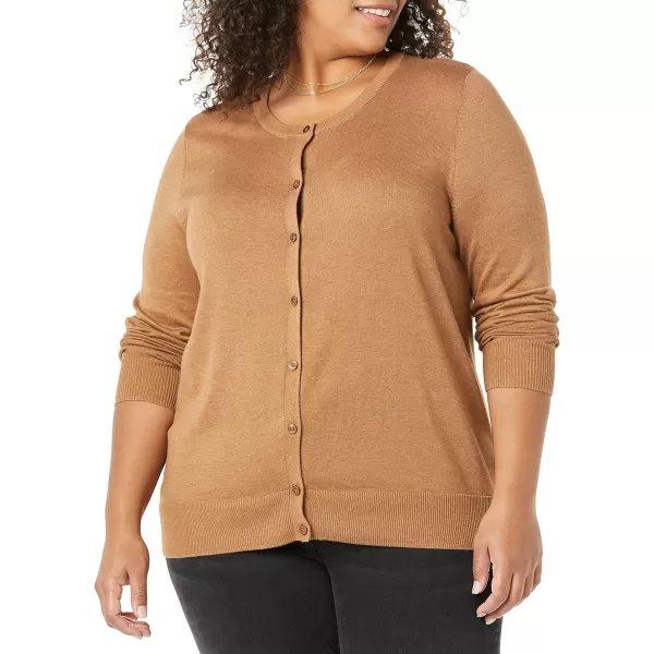 Amazon Essentials Womens Lightweight Crewneck Cardigan Sweater Available in Plus SizeDark Camel