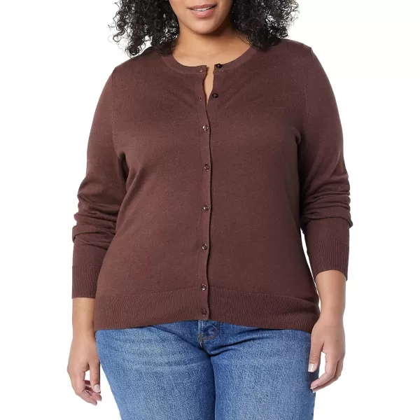 Amazon Essentials Womens Lightweight Crewneck Cardigan Sweater Available in Plus SizeDark Chestnut Brown Heather