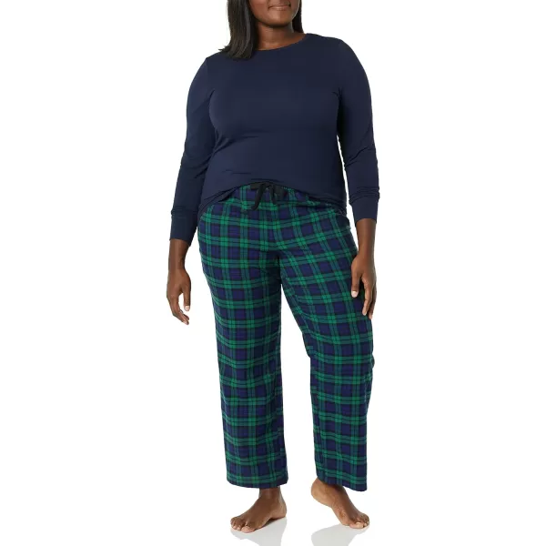 Amazon Essentials Womens Lightweight Flannel Pant and LongSleeve TShirt Sleep Set Available in Plus SizeBlackwatch Plaid