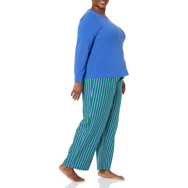 Amazon Essentials Womens Lightweight Flannel Pant and LongSleeve TShirt Sleep Set Available in Plus SizeBlue Stripe