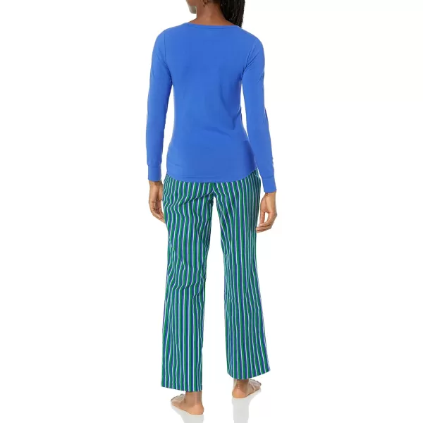 Amazon Essentials Womens Lightweight Flannel Pant and LongSleeve TShirt Sleep Set Available in Plus SizeBlue Stripe