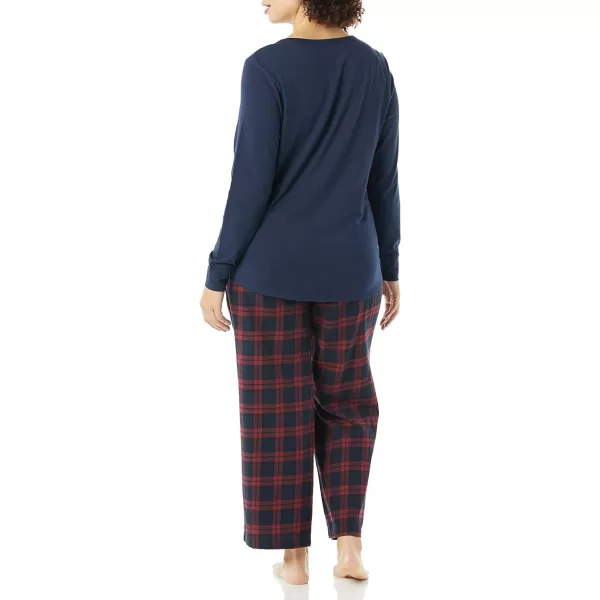 Amazon Essentials Womens Lightweight Flannel Pant and LongSleeve TShirt Sleep Set Available in Plus SizeBurgundy PlaidNavy