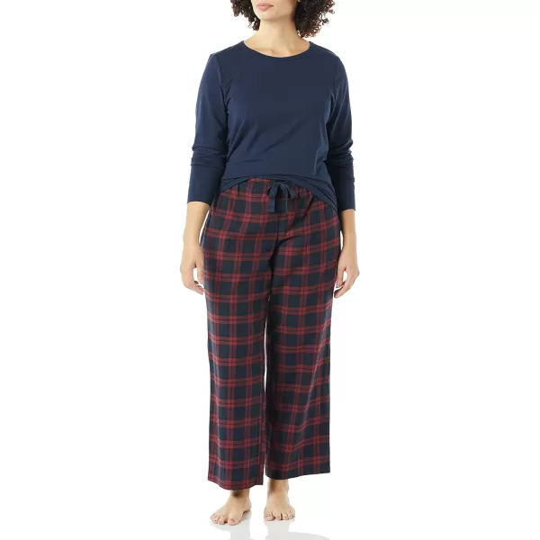 Amazon Essentials Womens Lightweight Flannel Pant and LongSleeve TShirt Sleep Set Available in Plus SizeBurgundy PlaidNavy