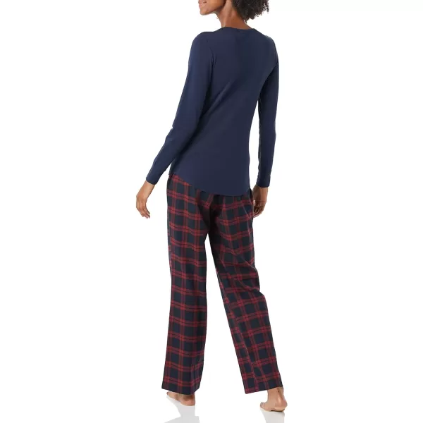 Amazon Essentials Womens Lightweight Flannel Pant and LongSleeve TShirt Sleep Set Available in Plus SizeBurgundy PlaidNavy