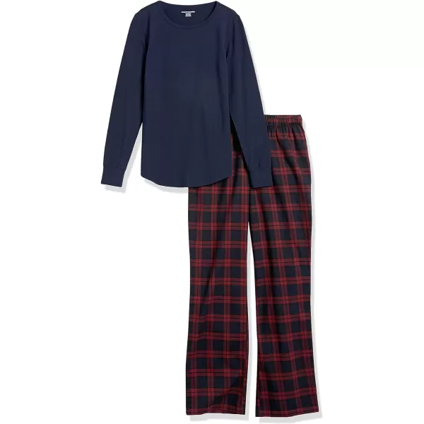 Amazon Essentials Womens Lightweight Flannel Pant and LongSleeve TShirt Sleep Set Available in Plus SizeBurgundy PlaidNavy