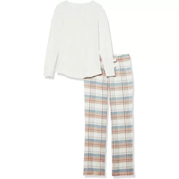 Amazon Essentials Womens Lightweight Flannel Pant and LongSleeve TShirt Sleep Set Available in Plus SizeDusty Blue Mix PlaidOatmeal Heather