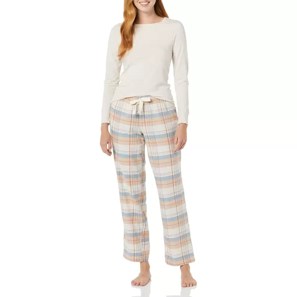 Amazon Essentials Womens Lightweight Flannel Pant and LongSleeve TShirt Sleep Set Available in Plus SizeDusty Blue Mix PlaidOatmeal Heather