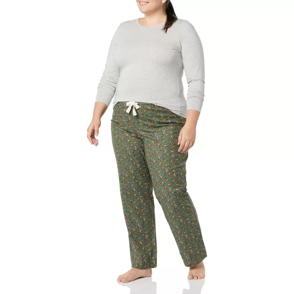 Amazon Essentials Womens Lightweight Flannel Pant and LongSleeve TShirt Sleep Set Available in Plus SizeGreen Squirrel