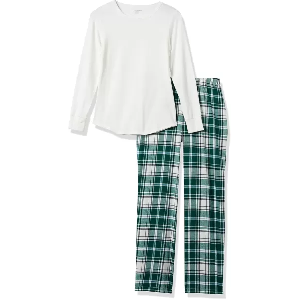 Amazon Essentials Womens Lightweight Flannel Pant and LongSleeve TShirt Sleep Set Available in Plus SizeGreenWhiteClay Plaid