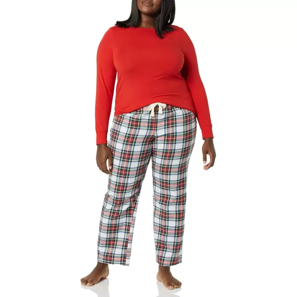 Amazon Essentials Womens Lightweight Flannel Pant and LongSleeve TShirt Sleep Set Available in Plus SizeRed Tartan