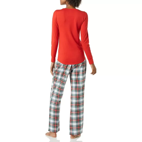 Amazon Essentials Womens Lightweight Flannel Pant and LongSleeve TShirt Sleep Set Available in Plus SizeRed Tartan