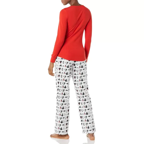 Amazon Essentials Womens Lightweight Flannel Pant and LongSleeve TShirt Sleep Set Available in Plus SizeWhite Penguin