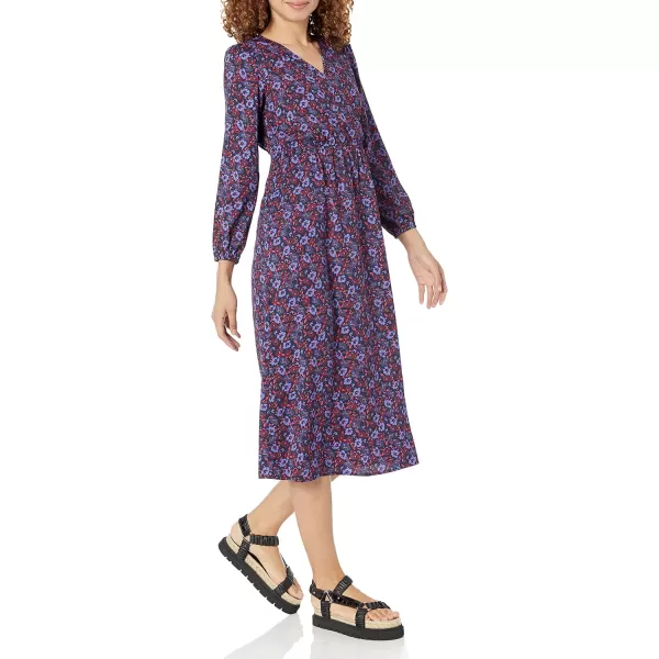 Amazon Essentials Womens Lightweight Georgette Long Sleeve VNeck Midi Dress Available in Plus SizeDark Blue Pansy