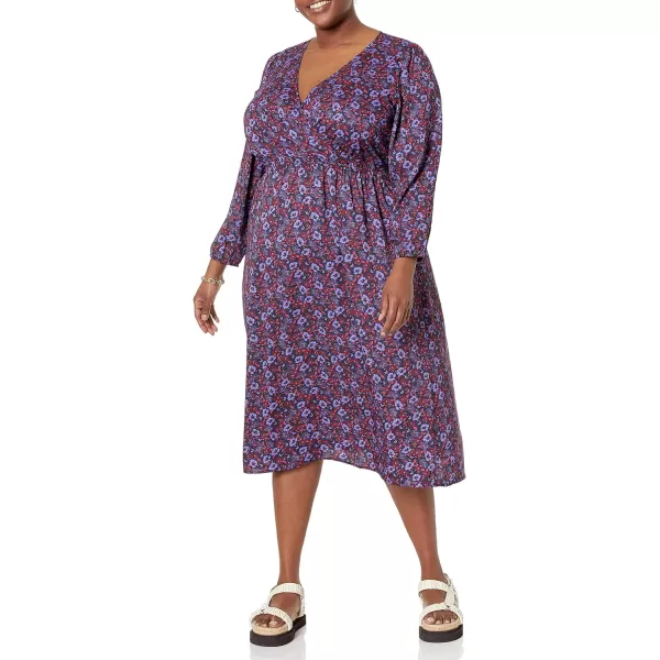 Amazon Essentials Womens Lightweight Georgette Long Sleeve VNeck Midi Dress Available in Plus SizeDark Blue Pansy