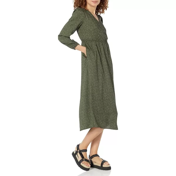 Amazon Essentials Womens Lightweight Georgette Long Sleeve VNeck Midi Dress Available in Plus SizeDark Olive Abstract Animal