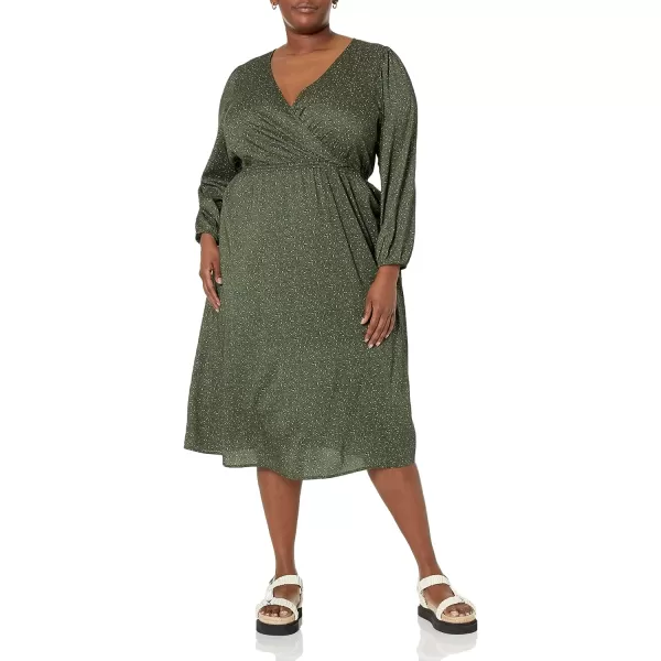 Amazon Essentials Womens Lightweight Georgette Long Sleeve VNeck Midi Dress Available in Plus SizeDark Olive Abstract Animal