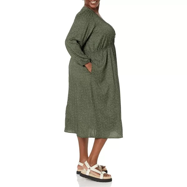 Amazon Essentials Womens Lightweight Georgette Long Sleeve VNeck Midi Dress Available in Plus SizeDark Olive Abstract Animal