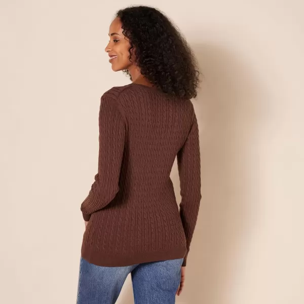 Amazon Essentials Womens Lightweight LongSleeve Cable Crewneck Sweater Available in Plus SizeDark Chestnut Brown Heather