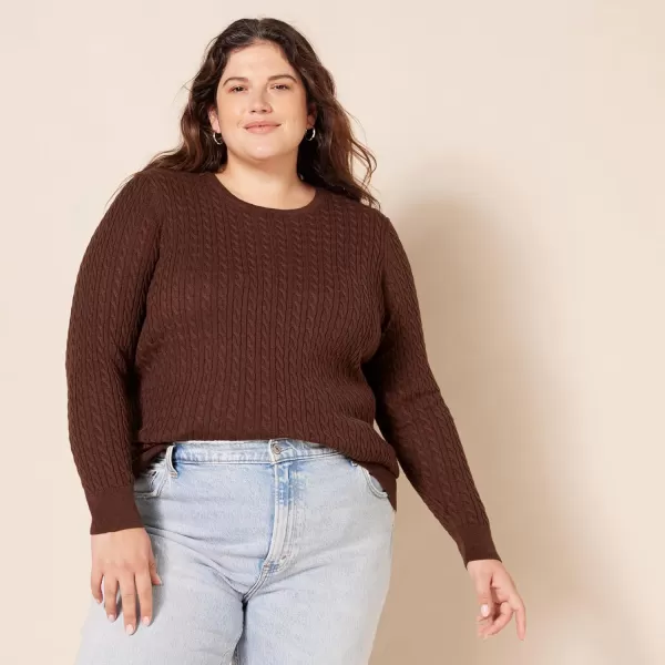 Amazon Essentials Womens Lightweight LongSleeve Cable Crewneck Sweater Available in Plus SizeDark Chestnut Brown Heather