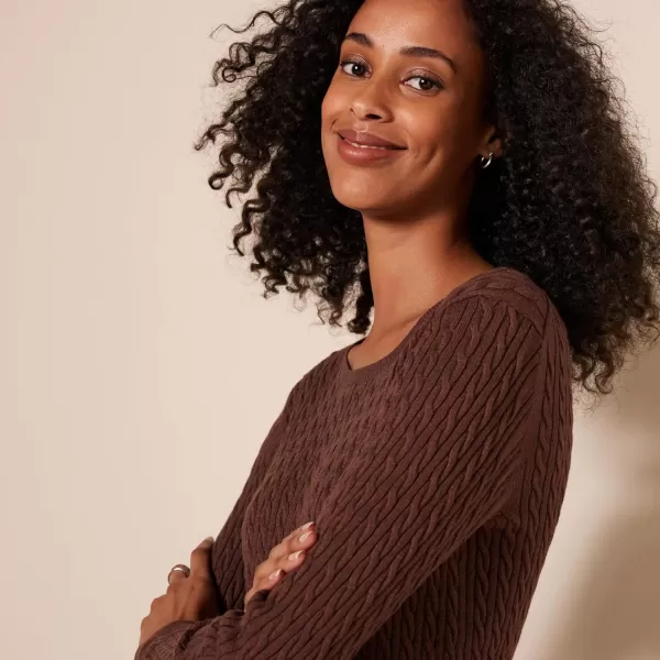 Amazon Essentials Womens Lightweight LongSleeve Cable Crewneck Sweater Available in Plus SizeDark Chestnut Brown Heather