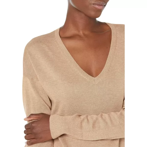 Amazon Essentials Womens Lightweight LongSleeve VNeck Tunic Sweater Available in Plus SizeCamel Heather