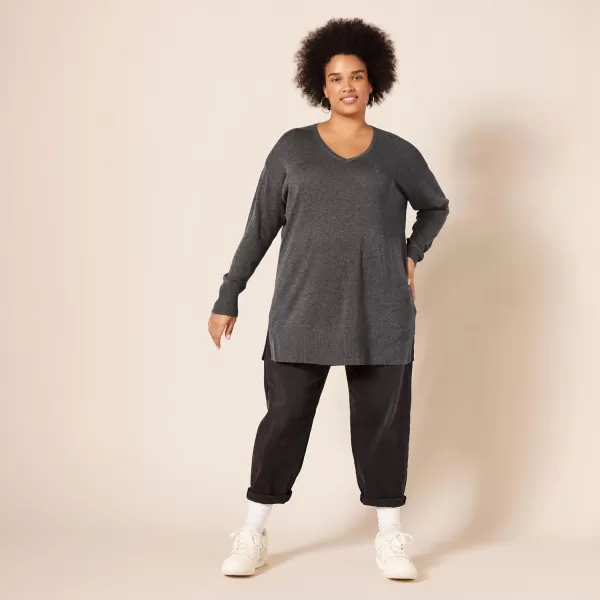 Amazon Essentials Womens Lightweight LongSleeve VNeck Tunic Sweater Available in Plus SizeCharcoal Heather