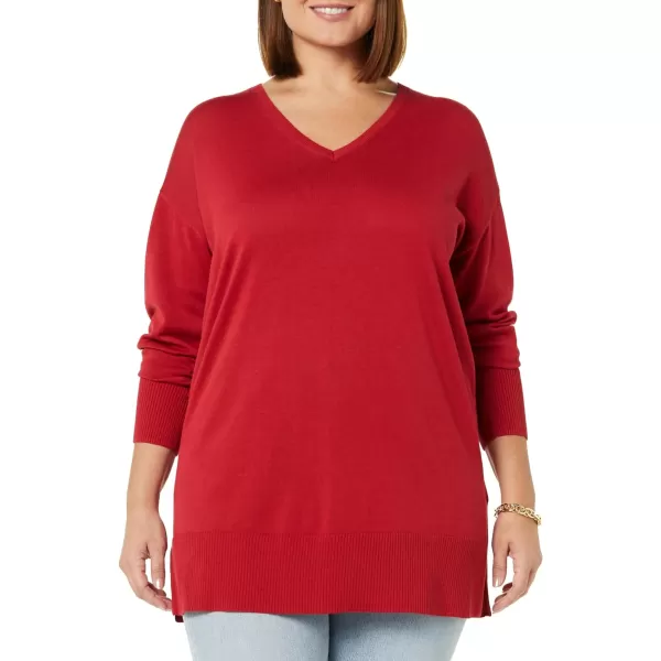 Amazon Essentials Womens Lightweight LongSleeve VNeck Tunic Sweater Available in Plus SizeCherry Red