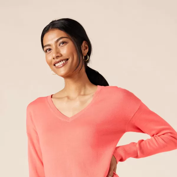 Amazon Essentials Womens Lightweight LongSleeve VNeck Tunic Sweater Available in Plus SizeCoral Pink