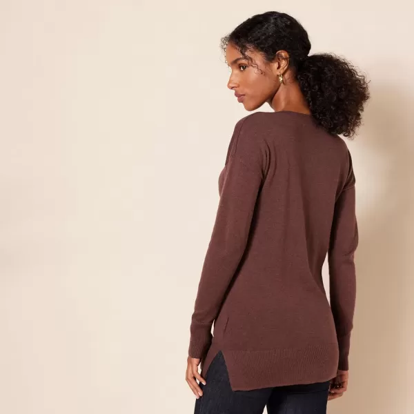 Amazon Essentials Womens Lightweight LongSleeve VNeck Tunic Sweater Available in Plus SizeDark Chestnut Brown Heather